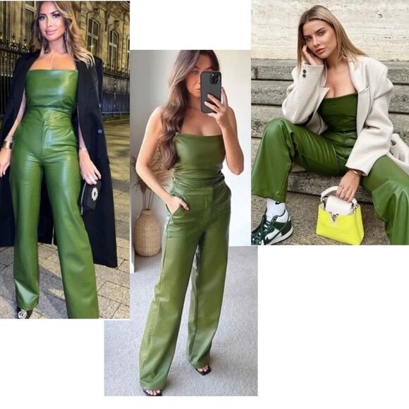 Zara olive green faux leather full length high waisted pants Sz S NWT bloggers - Picture 3 of 16